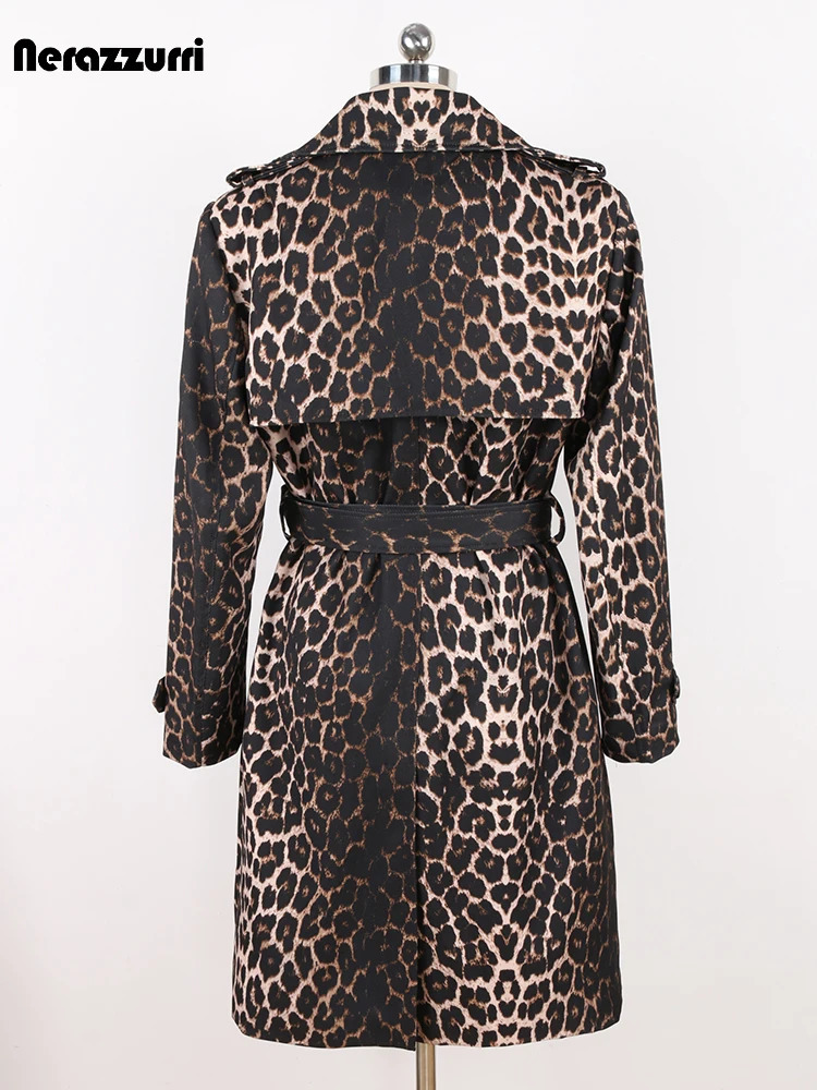 Nerazzurri Spring Autumn High Quality Soft Colorful Leopard PrintTrench Coat for Women Belt Double Breasted Elegant Clothes 240701