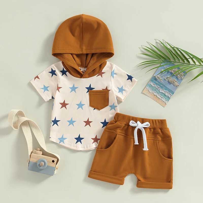 Clothing Sets 2023-03-08 Lioraitiin 0-3Years Toddler Baby Boys 2Pcs Summer Set Stars Print Hooded T-shirt Shorts Outfit R240708
