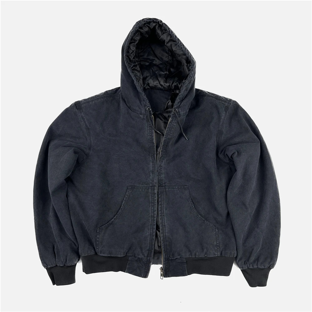 Washed Canvas Padded Jacket Men Unisex Zipper Hooded Coat Streetwear 240701