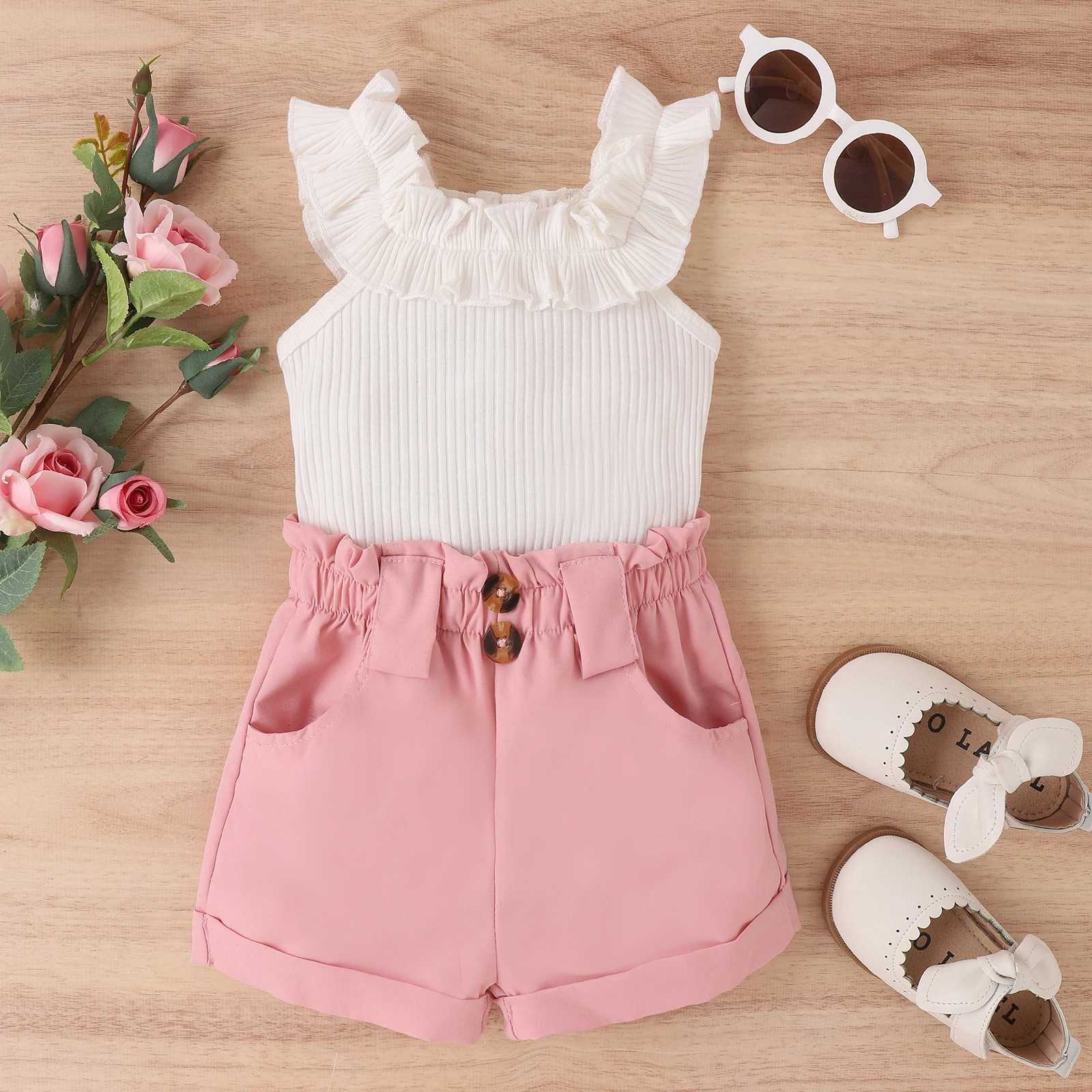 Clothing Sets Toddler Kids Baby Girls Summer Outfit Sets White Sleeveless Ruffle Ribbed Tops + Solid Color Shorts 2Pcs Set 6M-5T R240708