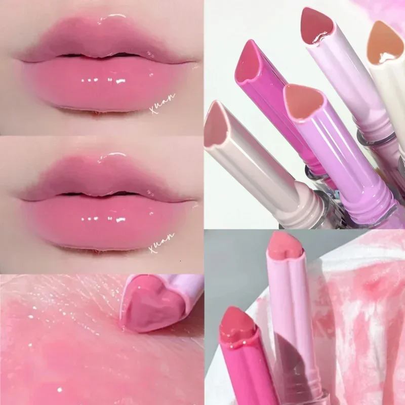 Love Shape Jelly lipstick Waterproof Stick less Cup Mirror Solid lipstick Glossy Transparent Long lasting lipstick Cosmetics 240705