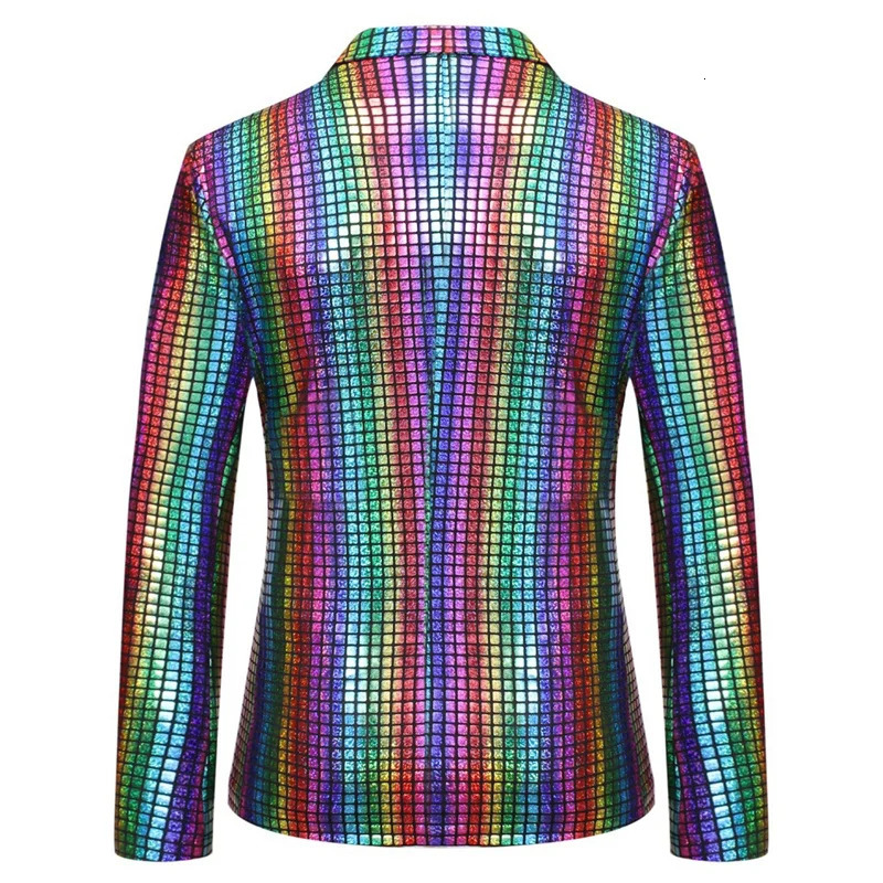 Fashion Trend Men Rainbow Plaid Suit Jacket Gold Silver Mens Dance Party Casual Thin Loose Blazer Coats 240626