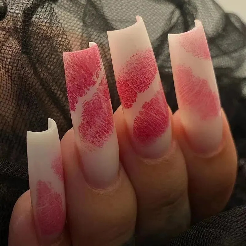 24 pieces of Valentines Day rectangular novel red lip nails with 1 file and 1 jelly gel 240705