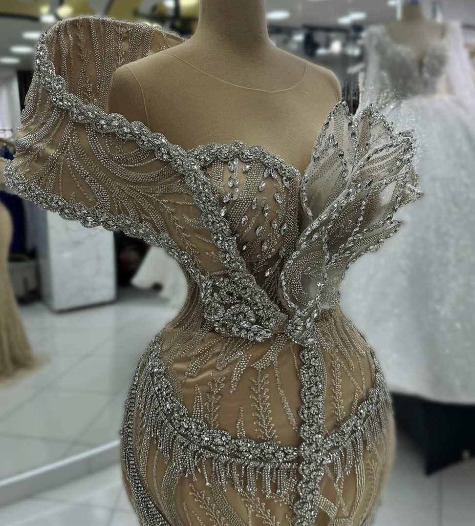 2024 Aso Ebi Champagne Illusion Mermaid Prom Dresses Crystals Lace Evening Formal Party Second Reception Birthday Celebrity Engagement Gowns Dress Rob