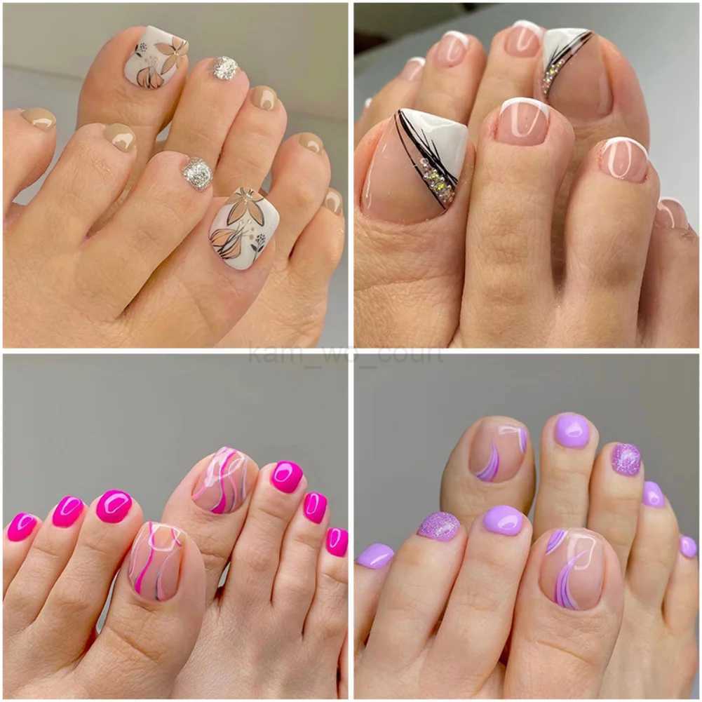 24P Fake Toenails With Glue French Line Glitter False Toe Nails Art Detachable Press On Toenails Acrylic Butterfly ToeNails TipsM240708