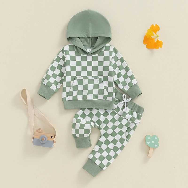 Clothing Sets Toddler Boys Fall Outfits Checkerboard Print Hooded Long Sleeve Hoodies Sweatshirts and Long Pants 2Pcs Clothes Set R240708