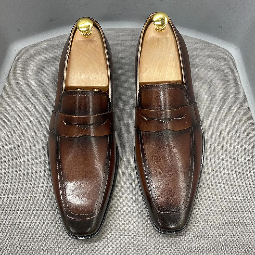 2025 new Classic Mens Penny Loafers Cow Leather Dress Brown Handmade Slip on Italian Style Office Formal Shoes 240702