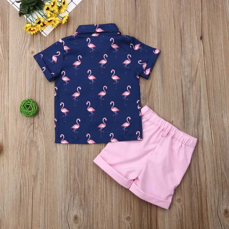 Clothing Sets Lioraitiin 1-6Years Toddler Baby Boy Gentleman Flamingo Short Sleeve Shirt+Shorts Solid Pants Wedding Party Summer Set R240708
