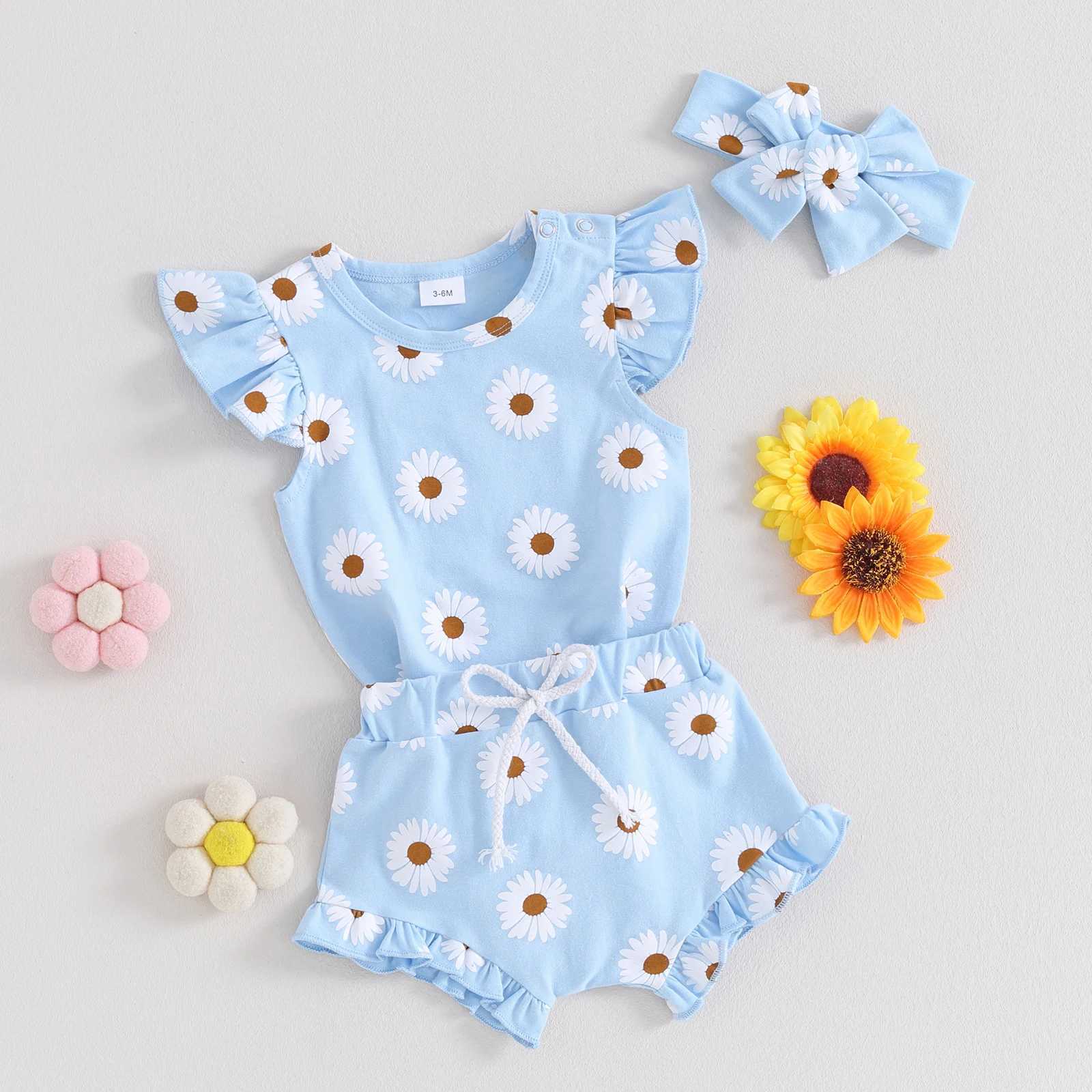 Clothing Sets Pudcoco Infant Newborn Baby Girl 3 Piece Clothes Daisy Print Romper and Ruffle Elastic Shorts Headband Set Summer Outfits 0-18M R240708