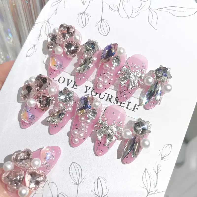 24PCS/Set Long Oval False Nails 3D Heart Sparkling French Press On Nails Pink Full Cover Fake Nail Crystal Gem Design Nails TipsM240708