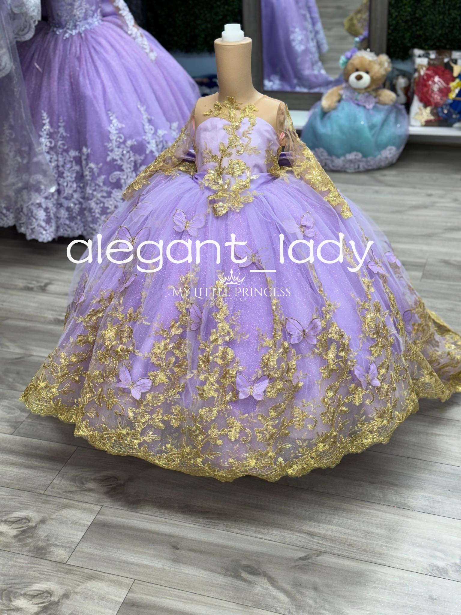 Lilac Lavender Princess Mini Quinceanera Dresses 3D Butterfly Big Bow Applique Toddler birthday Flower Girls Dress with Sleeve