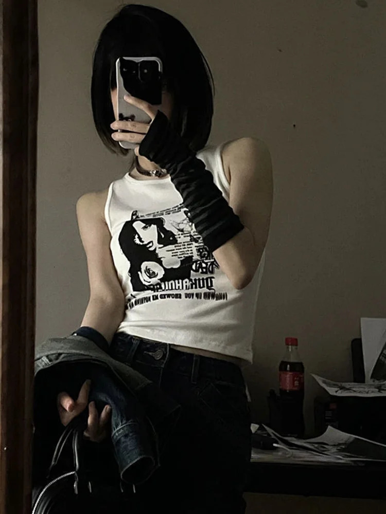 Y2k Grunge Print Sleeveless Sexy Tank Top for Women Ribbed Knit Vest Streetwear Aesthetic Clothing Female Crop Top Women 2000s 240703