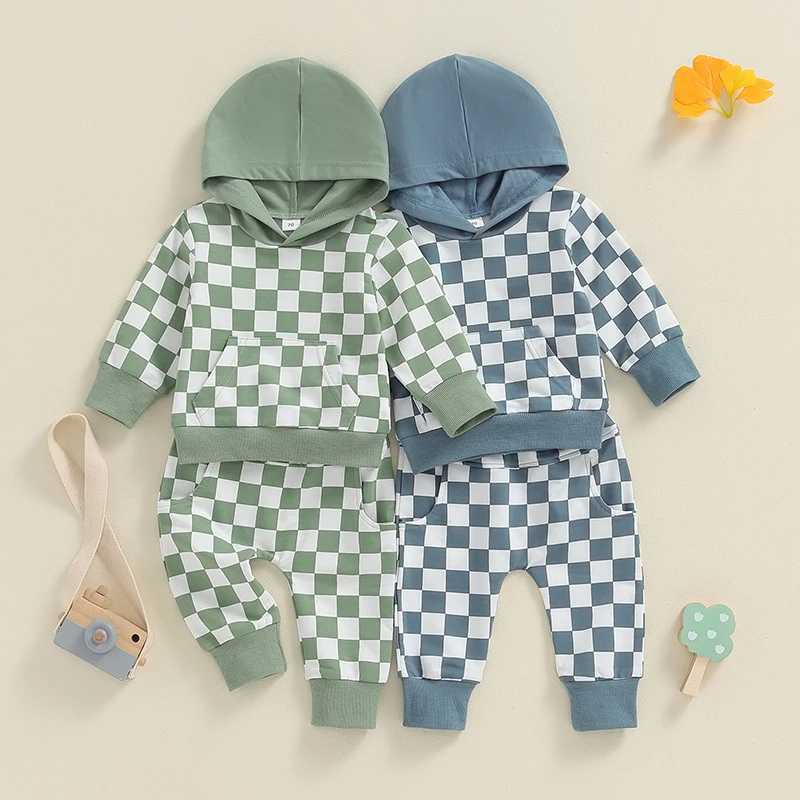 Clothing Sets Toddler Boys Fall Outfits Checkerboard Print Hooded Long Sleeve Hoodies Sweatshirts and Long Pants 2Pcs Clothes Set R240708