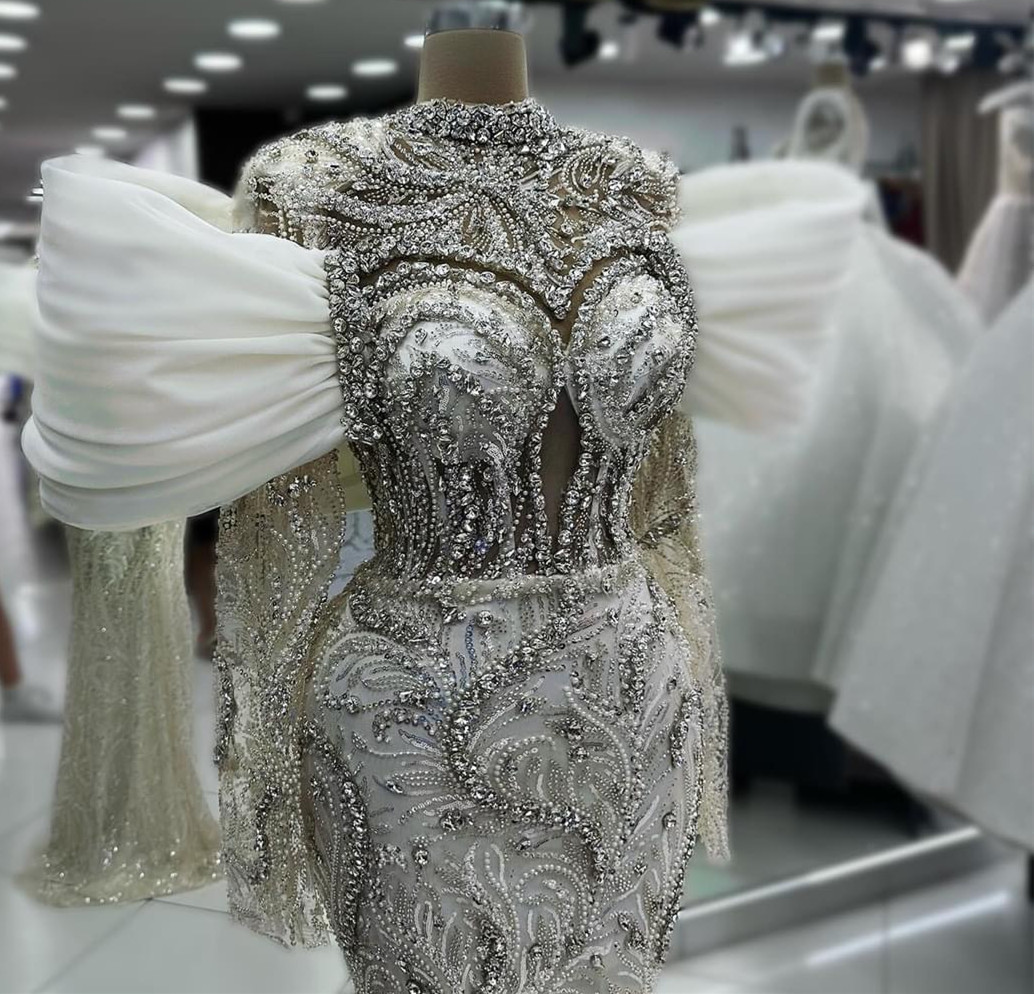 2024 Arabic Aso Ebi Plus Size Ivory Mermaid Wedding Dress Beaded Crystals Lace Vintage African Bridal Gowns Dress ZJ066