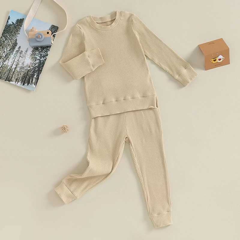 Clothing Sets 3-7Y Kids Boys Solid Color Ribbed Outfits Baby Autumn Clothes Children Long Sleeve Sweatshirt Tops Pants Sets R240708