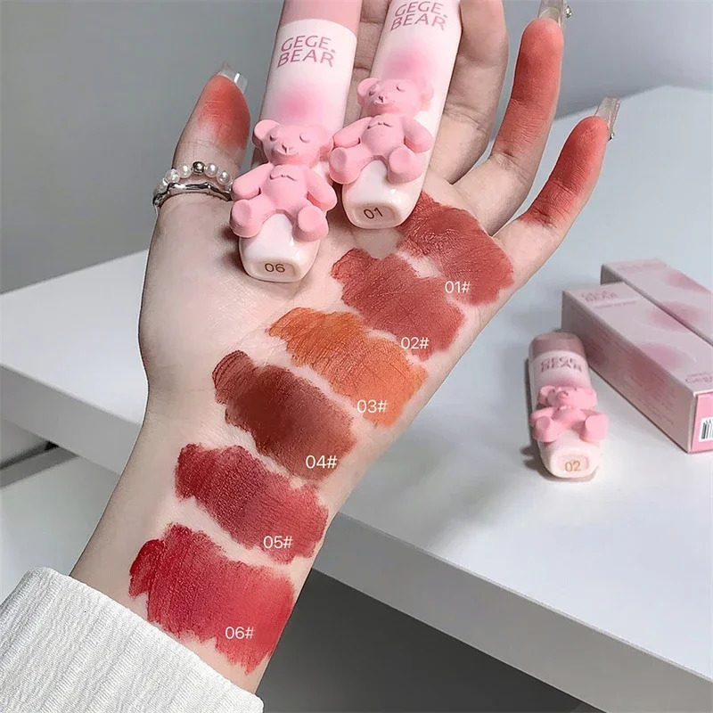 Cute bear lip gloss waterproof durable fadeless matte lipstick unmarked red brown velvet liquid lipstick 240705