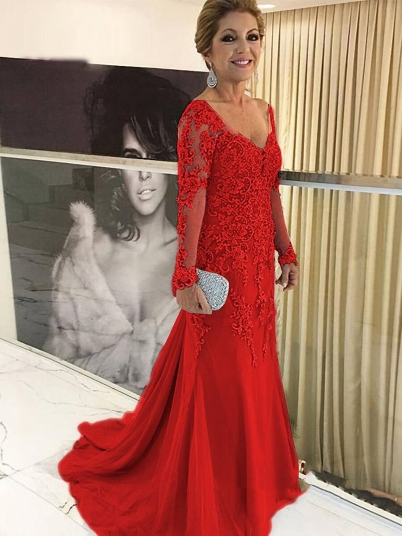 Dark Red Long Sleeves Mother Of The Bride Dresses Lace Appliques Beaded V-Neck Plus Size Wedding Guest Gowns 2024 Elegant Groom Mom Evening Formal Wea