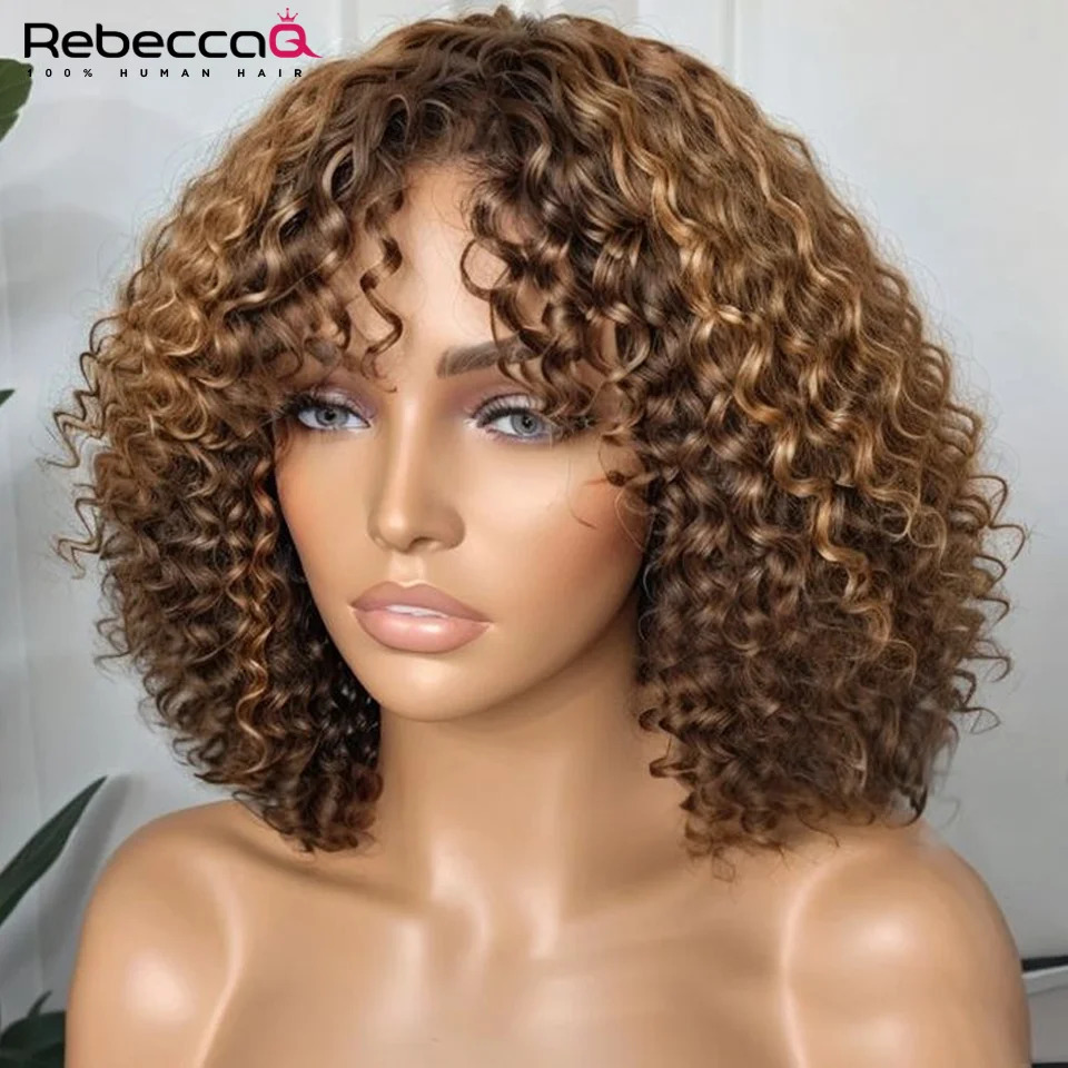 Short Curly Bob Human Hair Wigs With Bangs Full Machine Made Wigs Highlight Honey Blonde Colored Wigs For Women Remy Hair 240705
