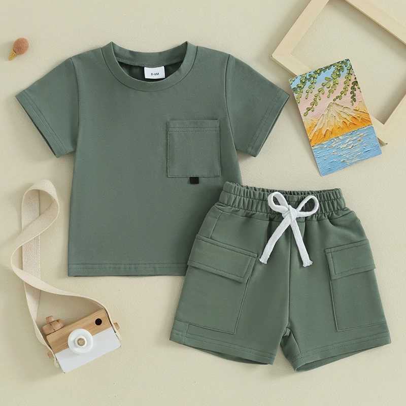 Clothing Sets 2023-12-18 Lioraitiin 0-3Y Toddler Baby Boy Girl Summer Outfits Solid Color Clothes Pocket Shorts and Top Set R240708