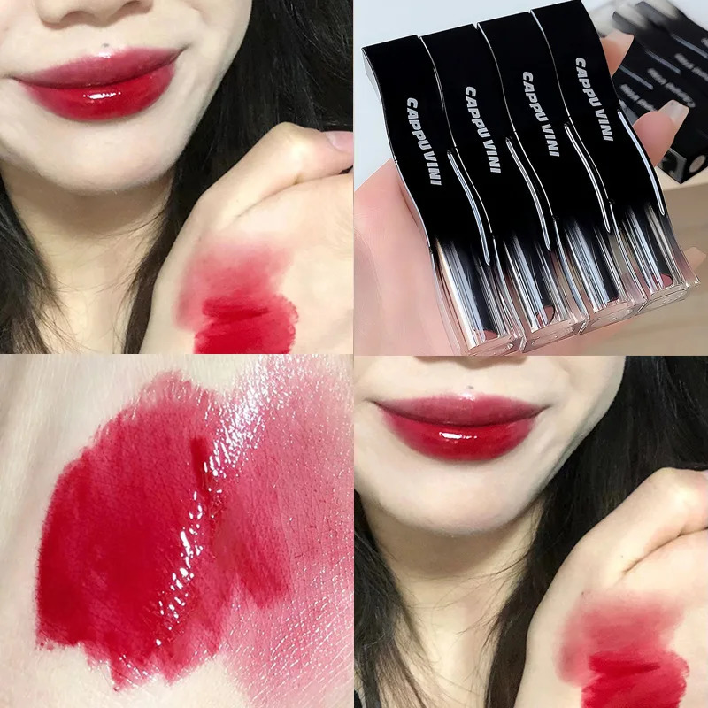 Cappuvini red lipstick black white tube lipstick light water lipstick soft mist lipstick gloss lipstick 1 mirror water 240705