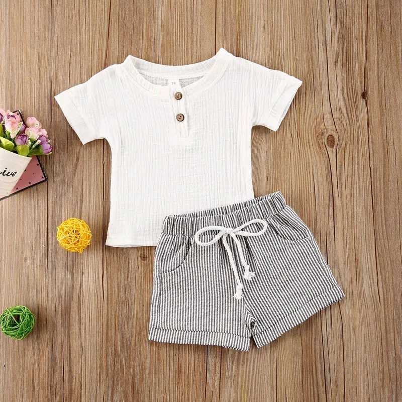 Clothing Sets lioraitiin 0-3Years Toddler Baby Girl Clothing Set Short Sleeve White Cotton Top Shirt Striped Printed Shorts 2Pcs Outfit Set R240708