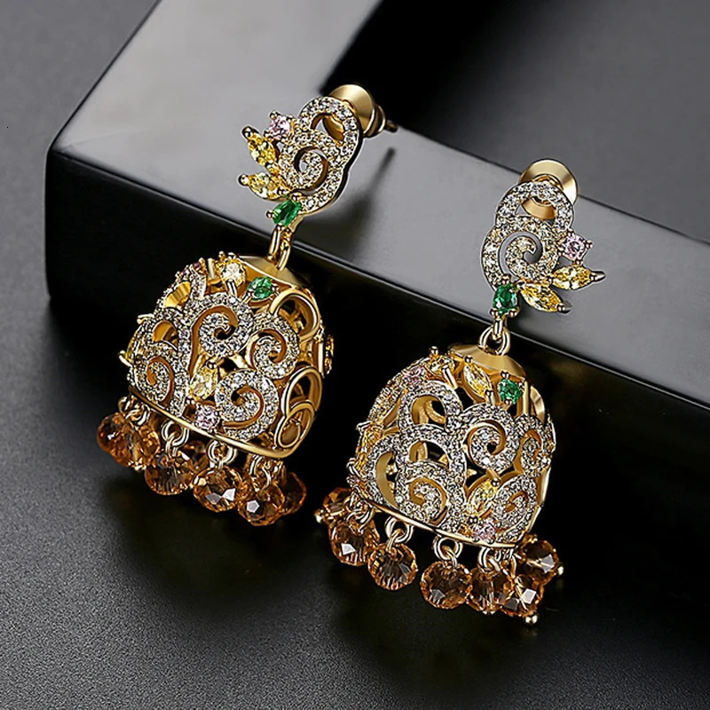 Vintage Bell Beads Crystal Zircon Tassel Drop Dangle Earrings Fashion Indian Dubai Bollywood Jhumka Jhumki Gold Plated Jewelry 240701