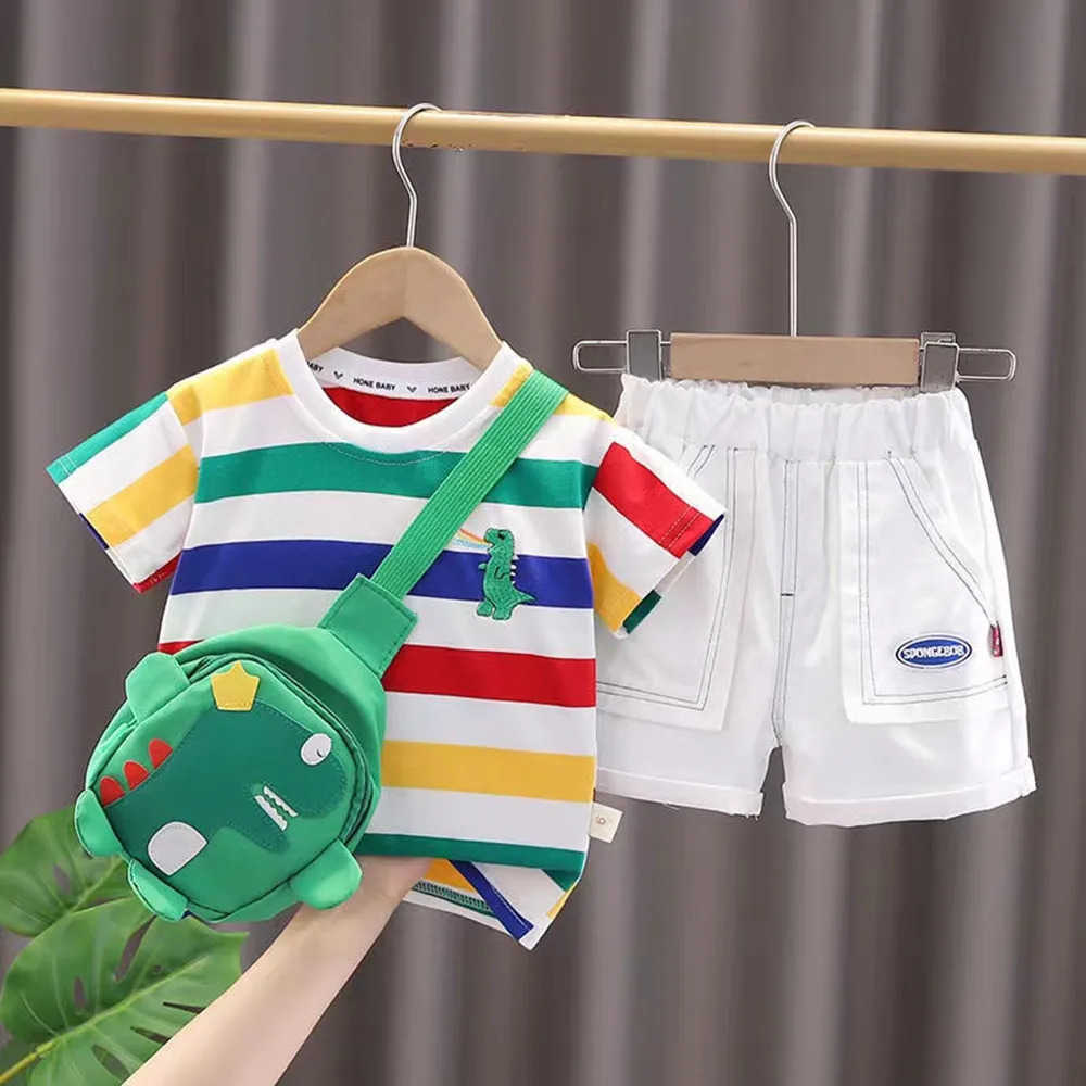 Clothing Sets Summer Cute Cartoon Dinosaur Fashion Children O-neck T-shirt+Shorts+Bag Toddler Baby Boys Girls Clothes Set New Kids Tracksuits 81U3
