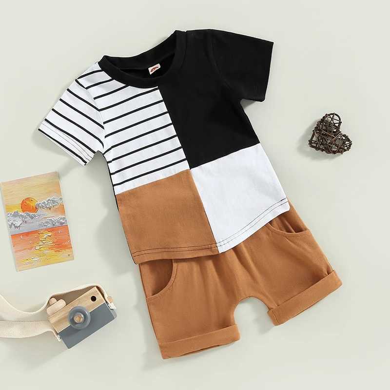 Clothing Sets 2023-02-14 Lioraitiin 0-3Years Toddler Baby 2Pcs Summer Outfits Patchwork Short Sleeve Contrast Color Tops Pocket Shorts Set R240708