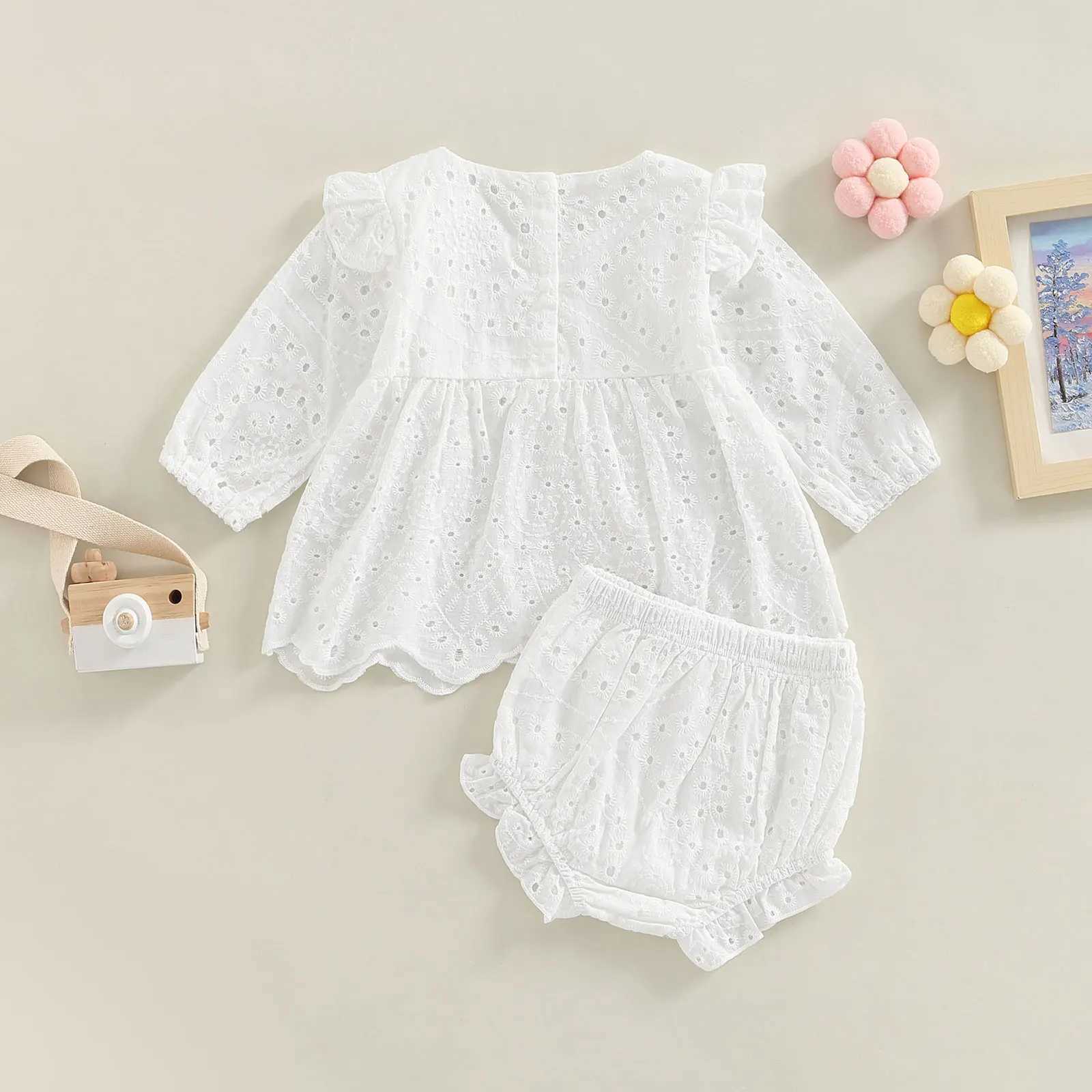 Clothing Sets Toddler Baby Girl Clothes 2Pcs Set Solid Color Cutout Round Neck Long Sleeve T-shirt Tops and Elastic Casual Ruffle Shorts 3-24M R240708