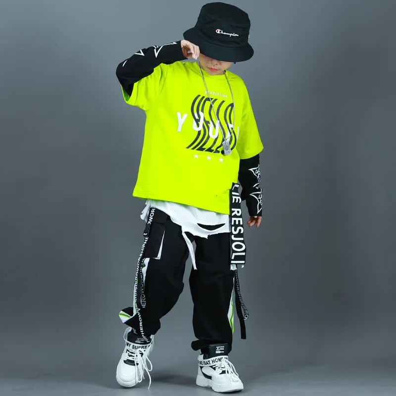 Kids Fashion Hip Hop Clothing Oversize Green Hoodie Streetwear Black Cargo Shorts For Girls Boys Jazz Dance Costume Clothes 240703