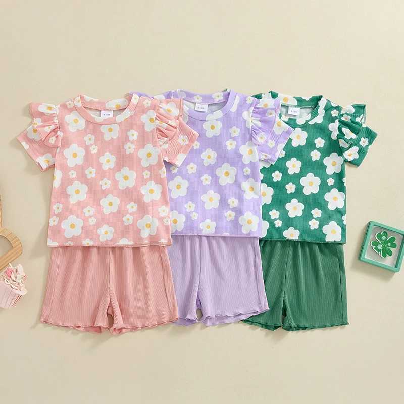 Clothing Sets 2024-04-19 Lioraitiin Kids Girls Shorts Set Short Sleeve Crew Neck Flower Print T-shirt with Shorts Summer Outfit R240708