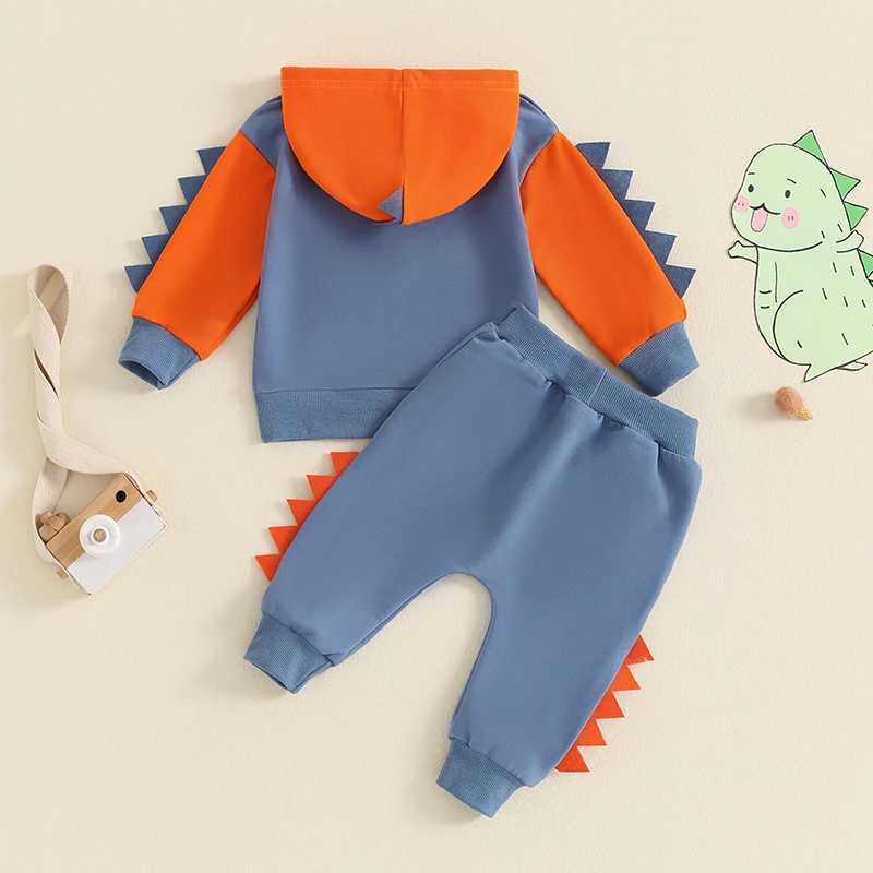 Clothing Sets Toddler Boy Dinosaur Outfits Contrast Color Long Sleeve Hoodie ad Elastic Waist Pants 2 Piece Sets Baby Clothes Fall R240708