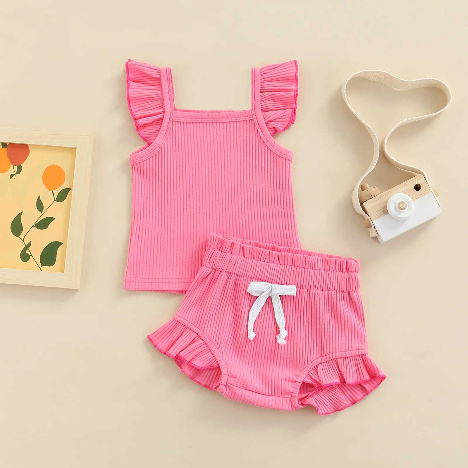Clothing Sets Newborn Infant Baby Girl Two-Piece Solid Outfits Solid Color Flying Sleeve Romper + Elastic Drstring Short Pants R240708