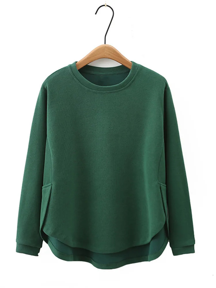Plus Size Womens Clothing Round Neck Long Sleeve Sweatshirt Spring And Autumn Solid Color Polyester Casual Tops With Arc Bottom 240701