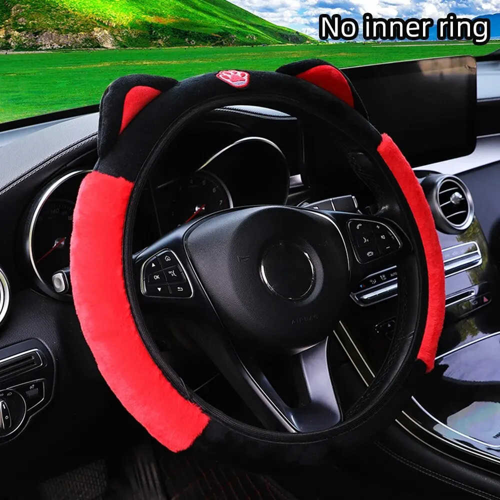 Steering Wheel Covers Cute Cartoon Plush Kitten Warm Car without Inner Ring Steering Wheel Cover Car Accessories Suitable for 14.5-15INCH VQ13