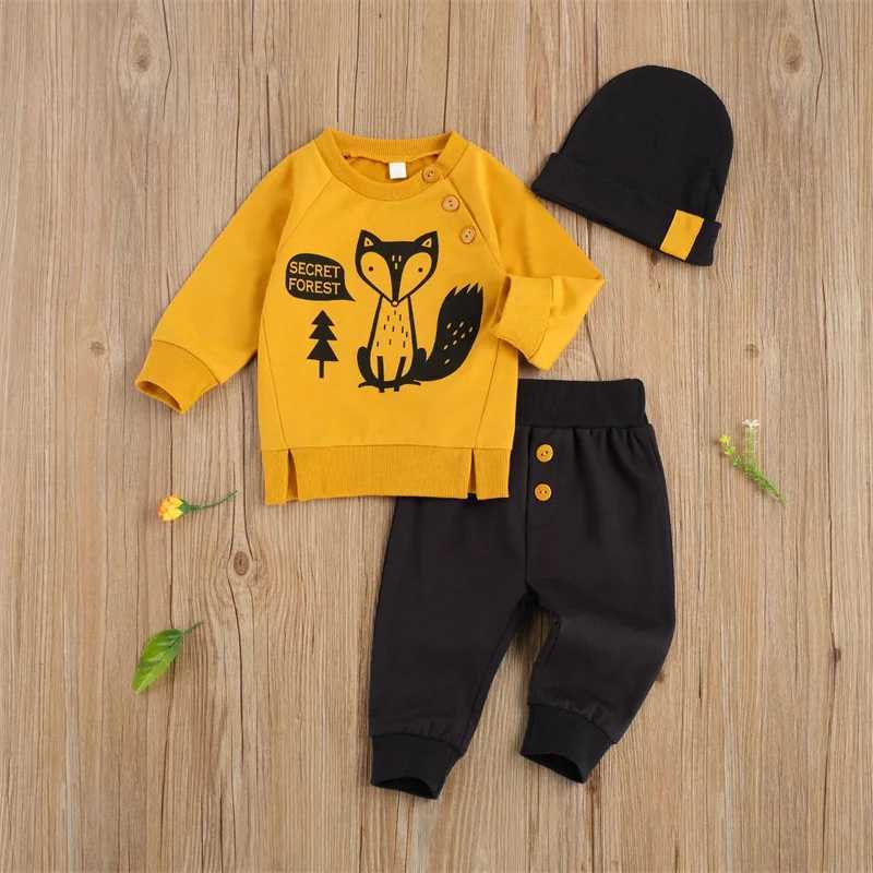 Clothing Sets 0-24M Baby Boys Autumn Winter Clothes Set Toddler Long Sleeve Fox Printed Tops Sweatshirt Pants Beanie Hat 3Pc Baby Outfits R240708