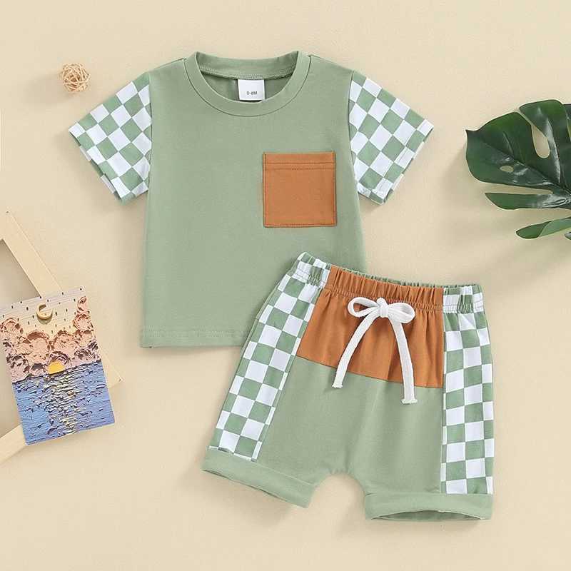 Clothing Sets 2023-12-25 Lioraitiin Toddler Baby Boy Summer Outfits Checkerboard Short Sleeve Tops + Patchwork Shorts Set Clothes R240708