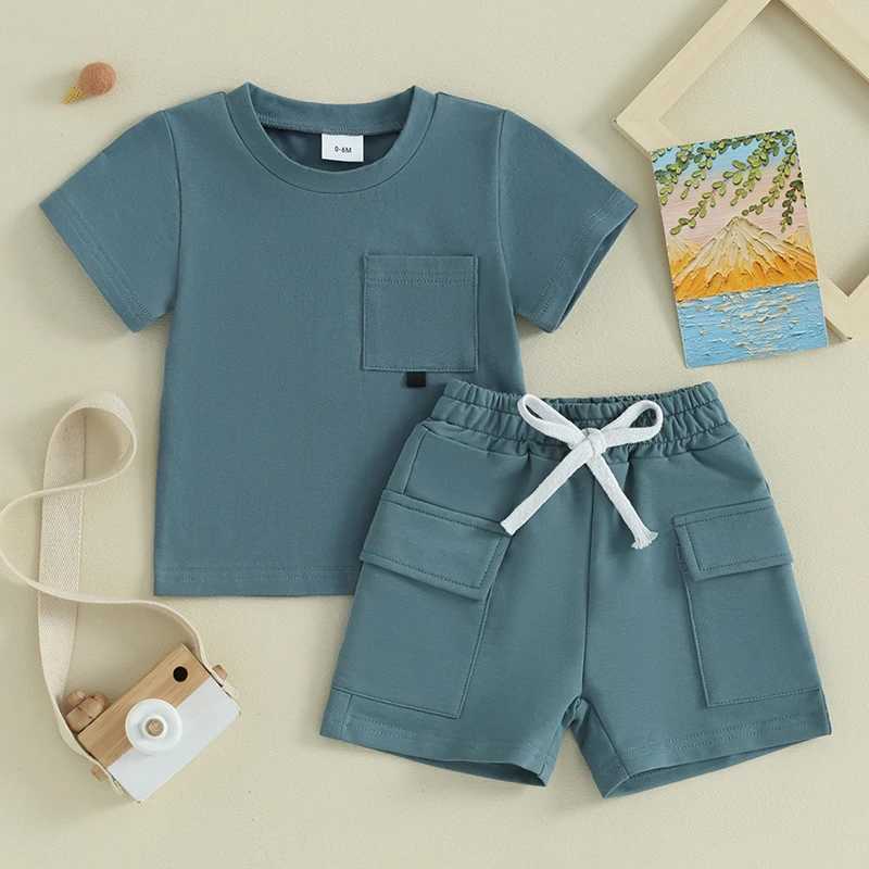 Clothing Sets 2023-12-18 Lioraitiin 0-3Y Toddler Baby Boy Girl Summer Outfits Solid Color Clothes Pocket Shorts and Top Set R240708