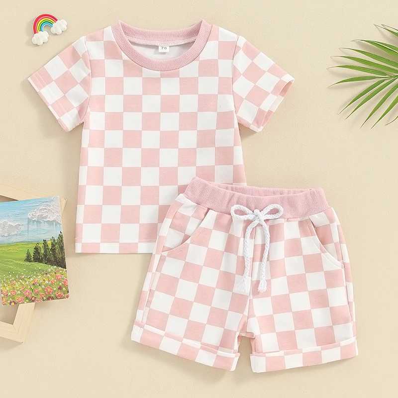 Clothing Sets 2023-12-19 Lioraitiin 0-3Y Toddler Baby Girl Summer Short Outfit Checkered Plaid Short Sleeve T-shirt Drstring Shorts Set R240708