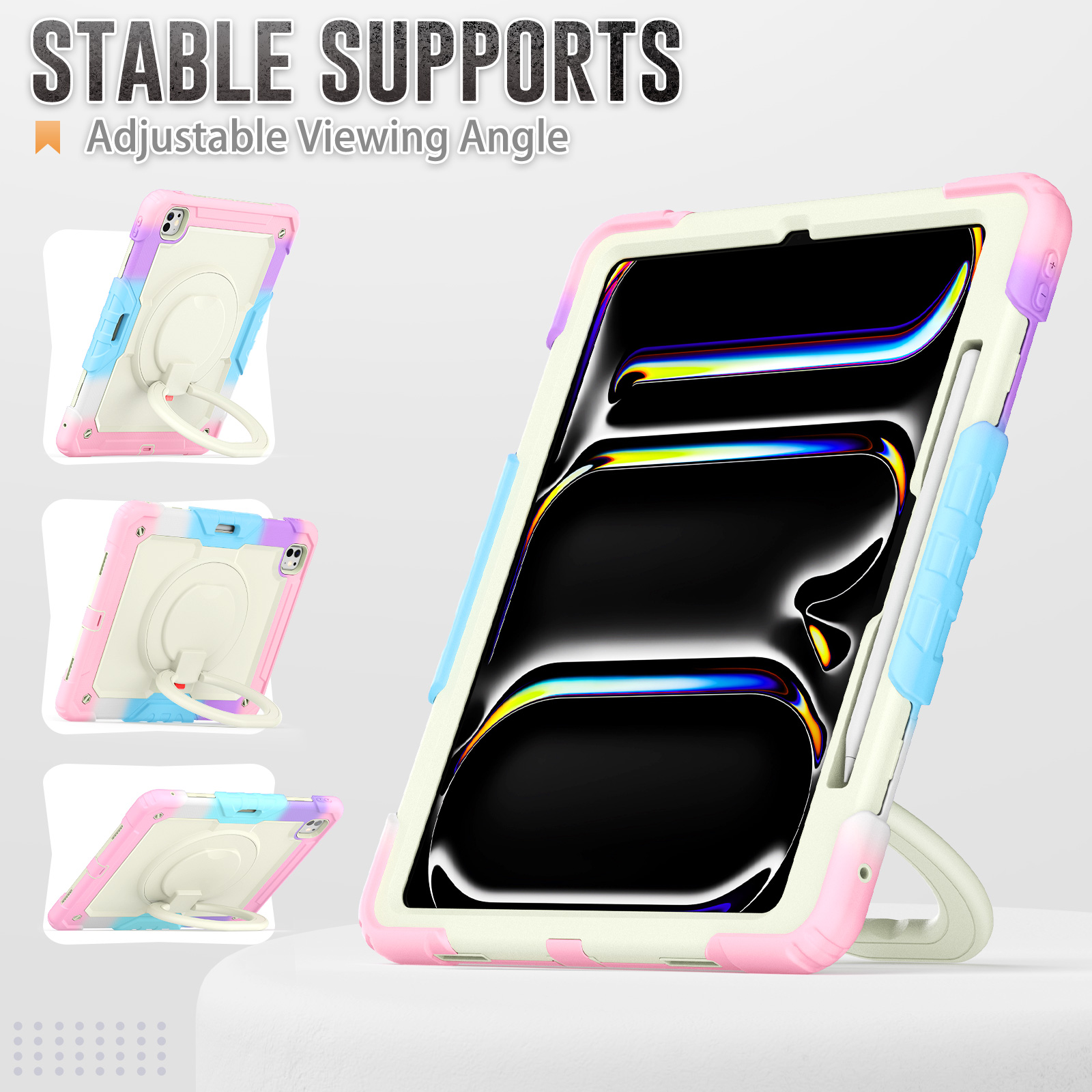 Heavy Duty Case For 2024 iPad Pro 13 Air 13 M2 Folding Handle Grip 360 Rotation Stand Hybrid Armor Tablet Cover Shockproof Cases with Shoulder Strap S
