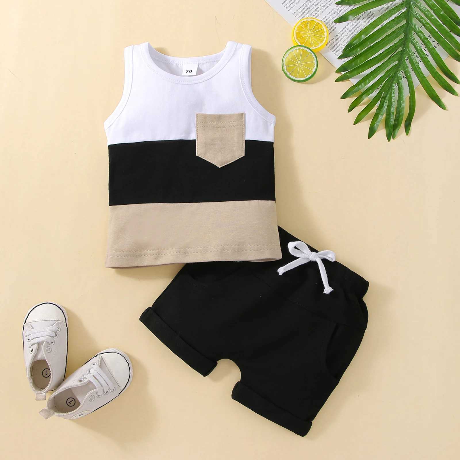 Clothing Sets Infant Baby Boys 2PCS Pants Suit Sleeveless Patchwork Crew Tank Tees + White Straps Short Pants Toddler Boys Casual Outfit R240708