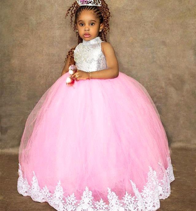 Sweet Lace Applique Wer Girl's Dresses High Neck Sleeveless Or Length Princess Ball Gown Bc19161 0220
