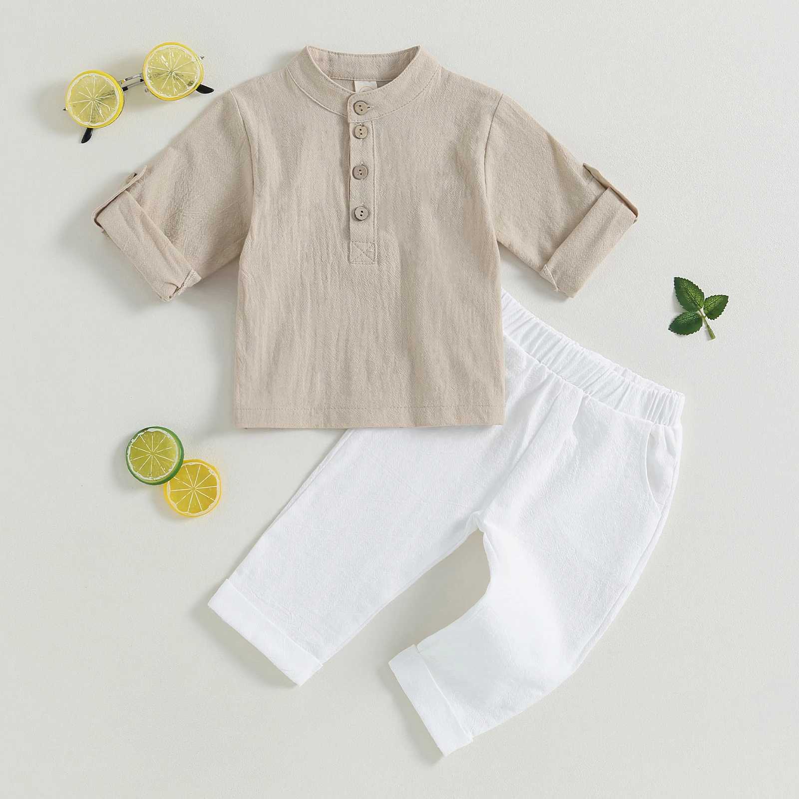 Clothing Sets Pudcoco Kid Baby Boys Summer Outfits Solid Color Buttons Short Sleeve Shirts and Elastic Waist Long Pants 2Pcs Clothes Set 6M-4T R240708