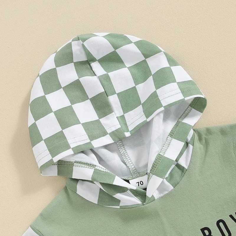 Clothing Sets 2024-01-09 Lioraitiin Toddler Baby Boy Summer Outfit Short Sleeve Letter Print Hooded Tops+Elastic Waist Checkerboard Shorts Set R240708