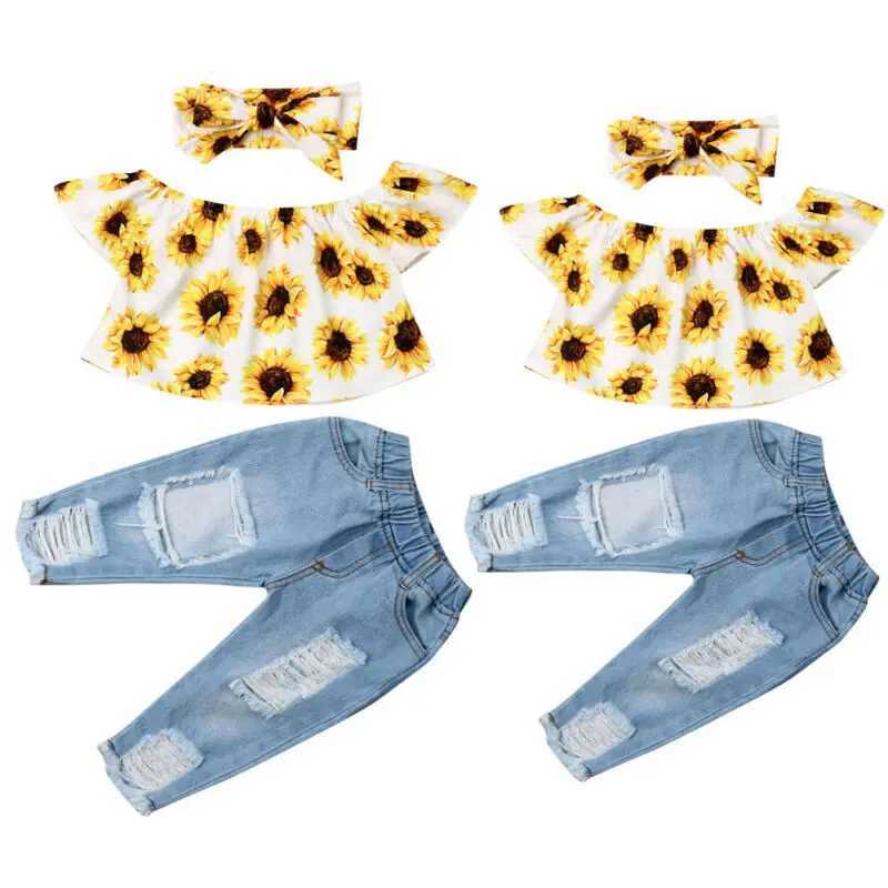 Clothing Sets Pudcoco US Stock Fashion Kids Baby Girls Summer Clothes Set Off Shoulder Sunfloral Tops Denim Pants Outfits Set Clothes Summer R240708