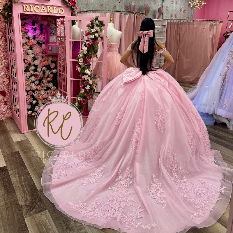 Pink Quinceanera Dresses Ball Gown Off The Shoulder Beading Appliques Lace Tull Corset Sweet 16 Vestidos De 15 Anos