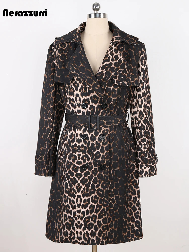 Nerazzurri Spring Autumn High Quality Soft Colorful Leopard PrintTrench Coat for Women Belt Double Breasted Elegant Clothes 240701