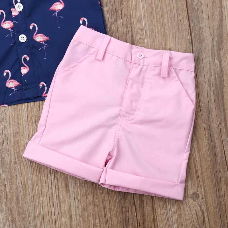 Clothing Sets Lioraitiin 1-6Years Toddler Baby Boy Gentleman Flamingo Short Sleeve Shirt+Shorts Solid Pants Wedding Party Summer Set R240708