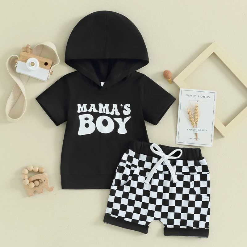 Clothing Sets 2023-12-28 Lioraitiin 0-3Y Toddler Baby Boy Summer Outfits Letter Print Short Sleeve Hooded Sweatshirts+Checkerboard Shorts Set R240708