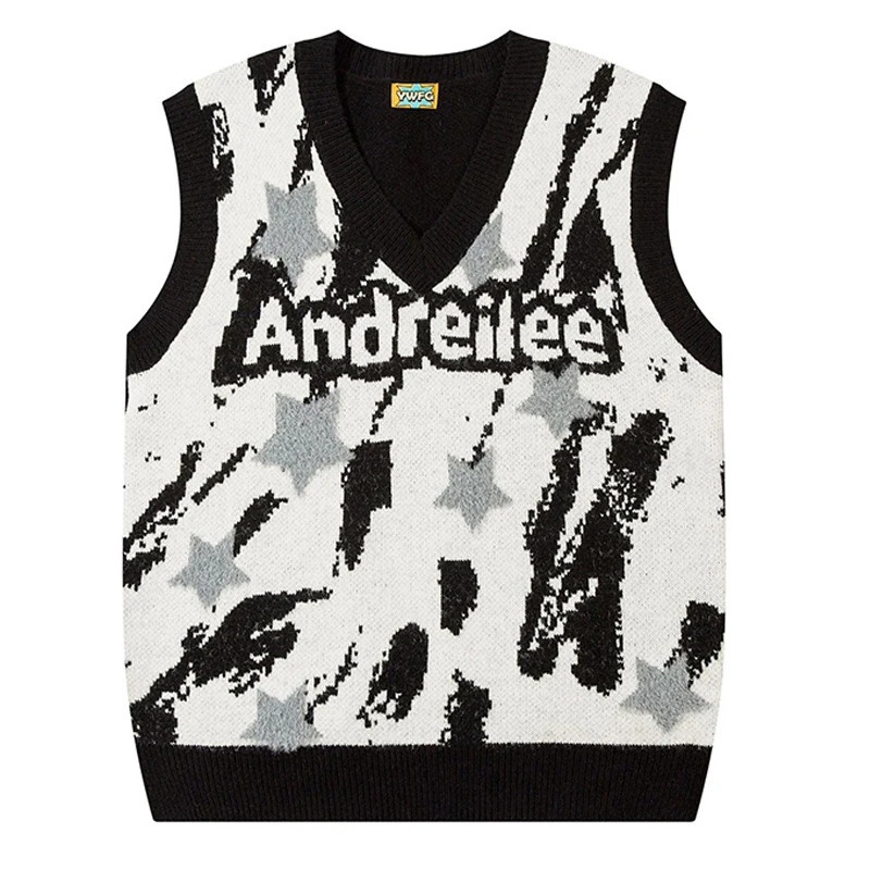 Color Matching Jacquard Women Sweater Vest Sleeveless Loose Outerwear Knitted Waistcoat Vintage Y2K Autumn Pullovers Tops 240704